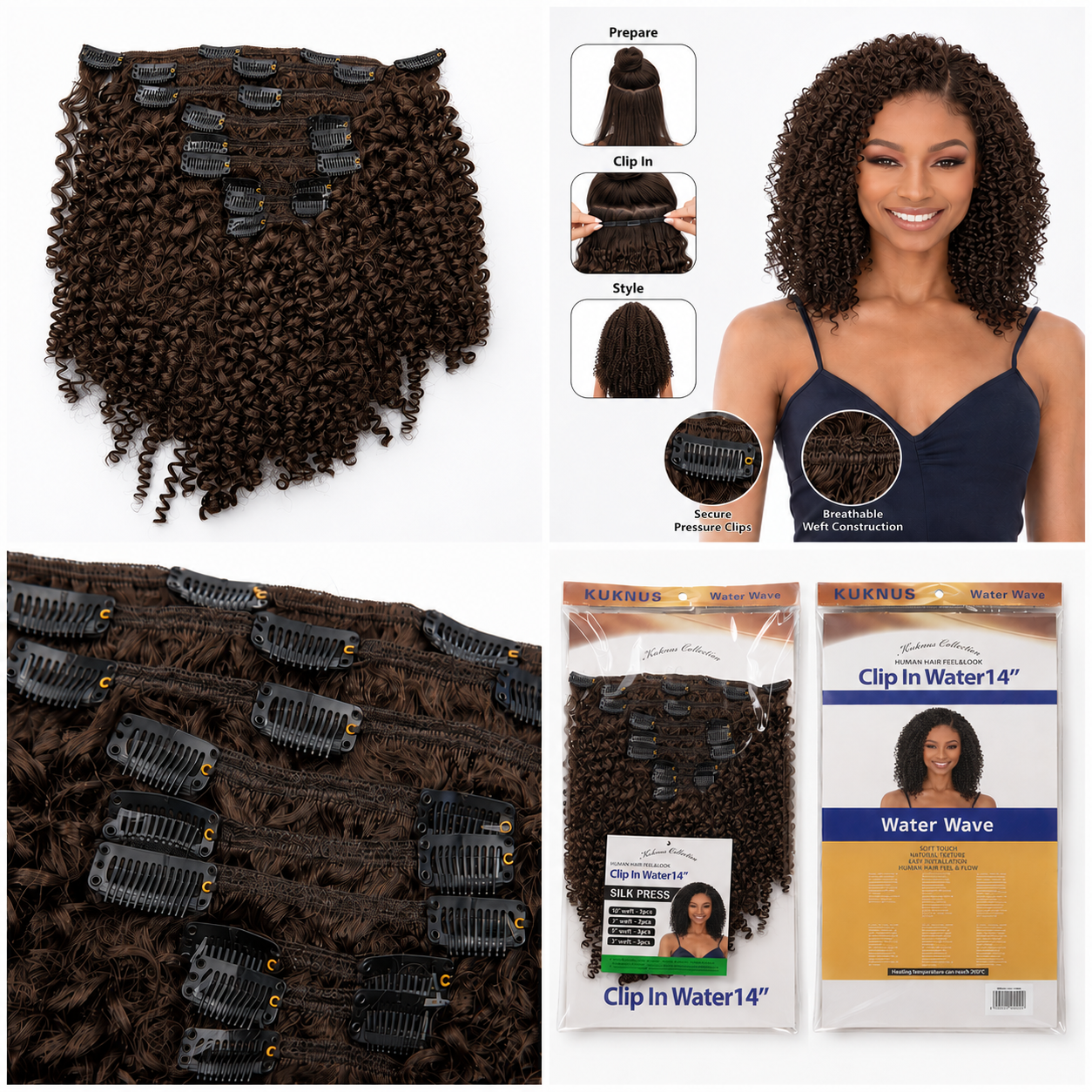 Kuknus Water Wave Clip-In Synthetic Hair Extensions 14"