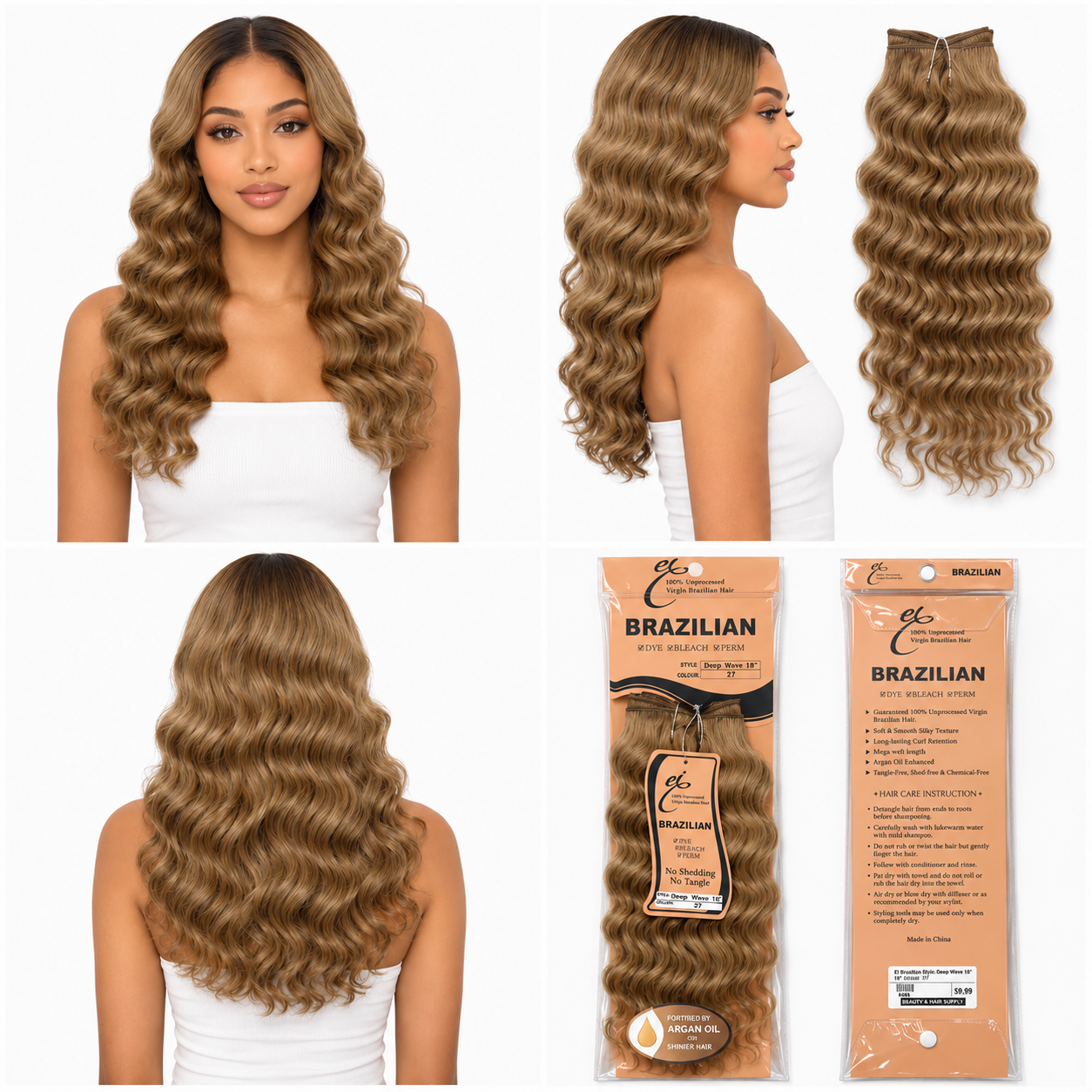 Ei Brazilian 100% Unprocessed Virgin Brazilian Human Hair Extension Deep Wave Natural