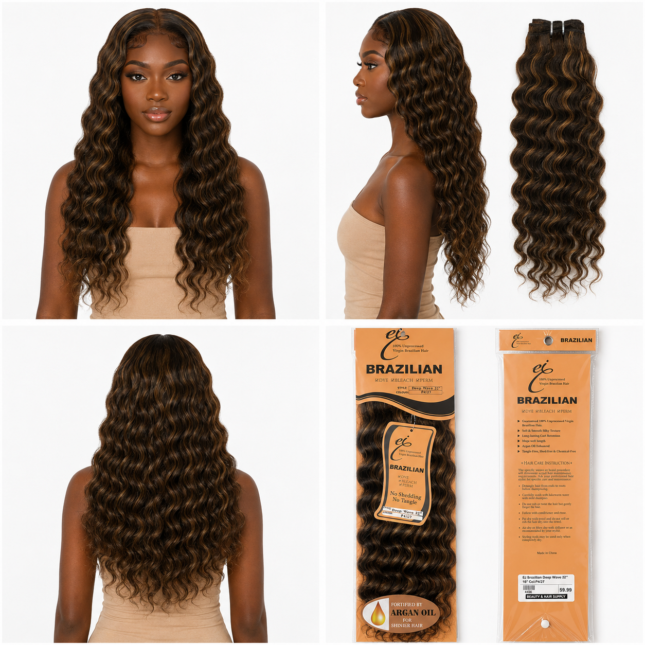 Ei Brazilian 100% Unprocessed Virgin Brazilian Human Hair Extension Deep Wave Natural