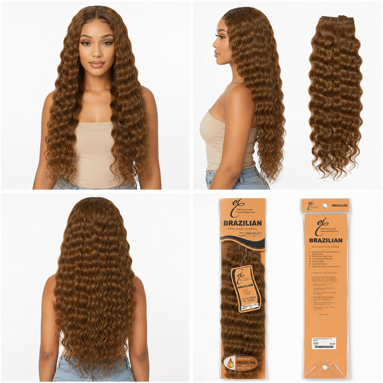 Ei Brazilian 100% Unprocessed Virgin Brazilian Human Hair Extension Deep Wave Natural