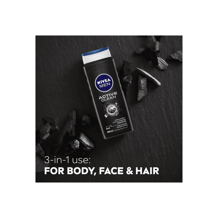 Nivea Men Active Clean 3in1 Stimulating + Active Charcol Shower Gel 250ml - Beauty and Hair Supply